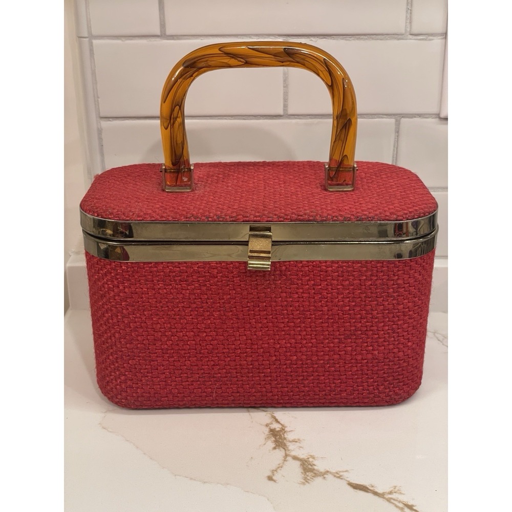 Vintage JR Julius Resnick Tweed Box Handbag‎ Purse Red Train Case Lucite Handle